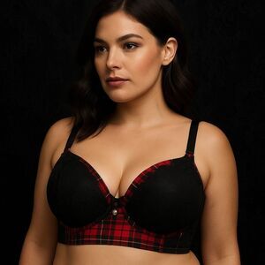 Torrid Plaid & Lace Underwire Bra 46D Black Red Tartan Gothic Lingerie Sexy Inti